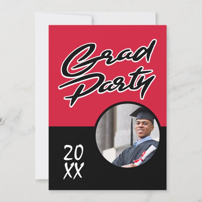 Invitación Partido de Graduación Negro Rojo Moderno (Anverso)