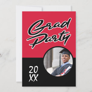 Invitación Partido de Graduación Negro Rojo Moderno