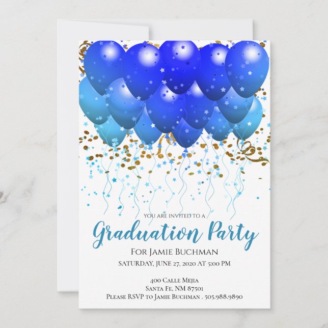 Invitación Partido de Graduación Neon Blue Balloons y Confett (Anverso)