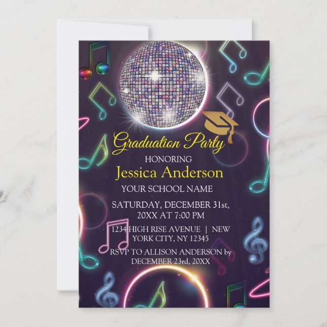 Invitación Partido de Graduación Neon Glow Disco Ball (Anverso)