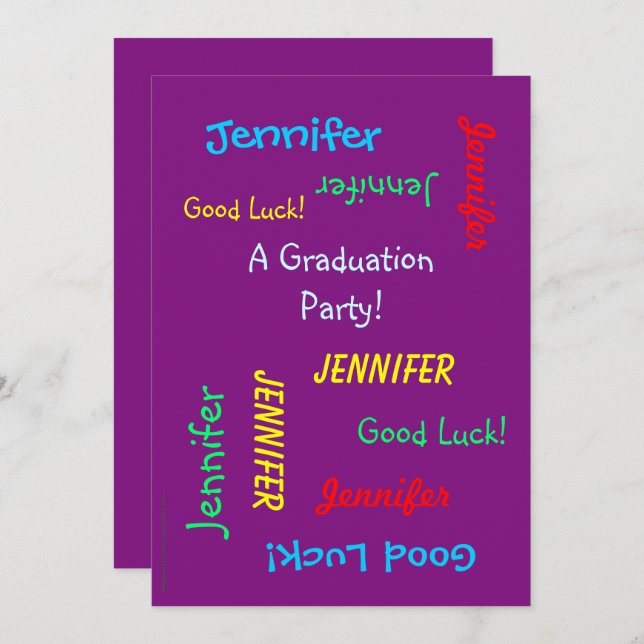 Invitación Partido de Graduación, Nombre Personalizado, Púrpu (Anverso / Reverso)
