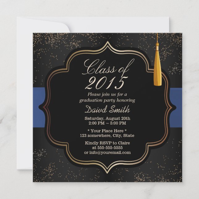 Invitación Partido de Graduación Oscura de Cinta Azul Confett (Anverso)