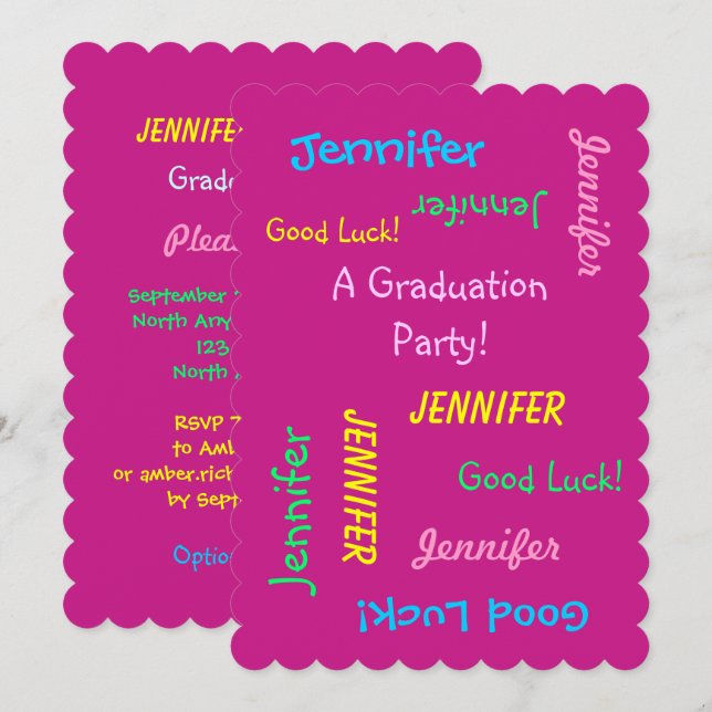 Invitación Partido de Graduación, Personalizado Hot Pink Dos  (Anverso / Reverso)