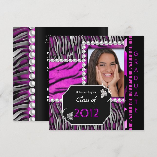 Invitación Partido de Graduación Pink Black Silver Leopard Ze (Anverso / Reverso)