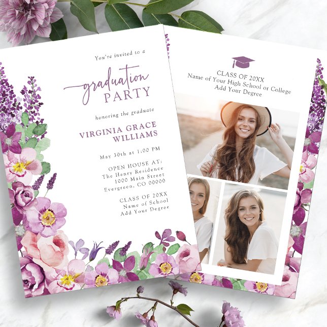 Invitación Partido de Graduación Purple Floral (Elegant Purple Floral Graduation Party Invitation Photo Collage by Painted Paperie
)