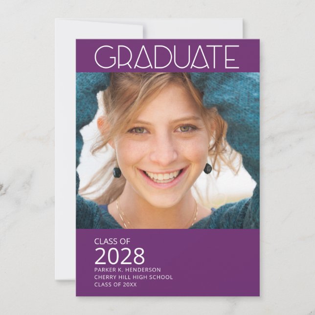 Invitación Partido de Graduación Púrpura de Foto Moderna (Anverso)