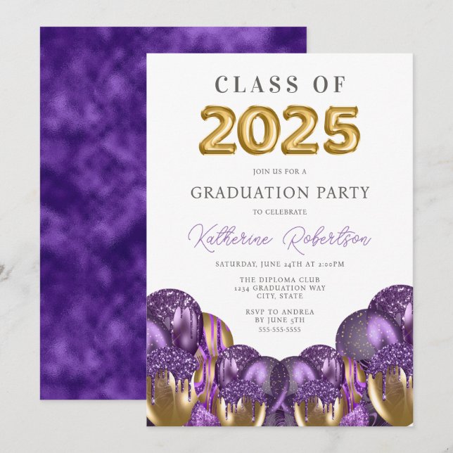 Invitación Partido de Graduación Púrpura de Oro (Anverso / Reverso)