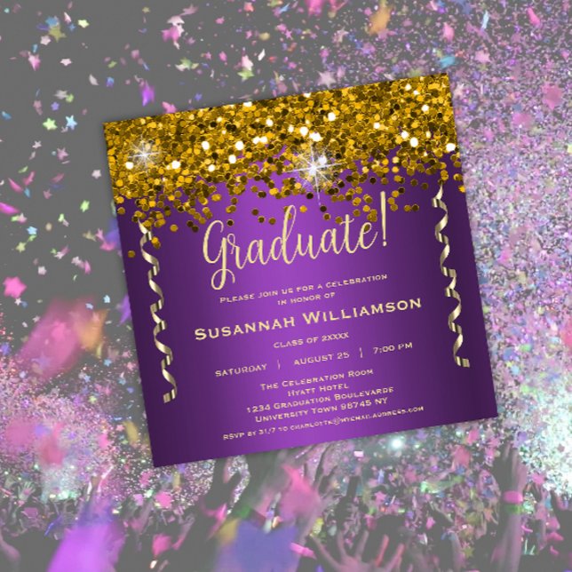 Invitación Partido de Graduación Púrpura del Purpurina Oro (Subido por el creador)