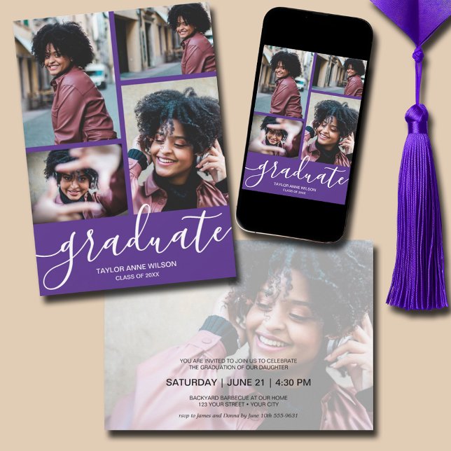 Invitación Partido de Graduación Púrpura Multifoto (Multi Photo Purple Graduation Party Invitations - PRINTED and/or INSTANT DOWNLOAD)