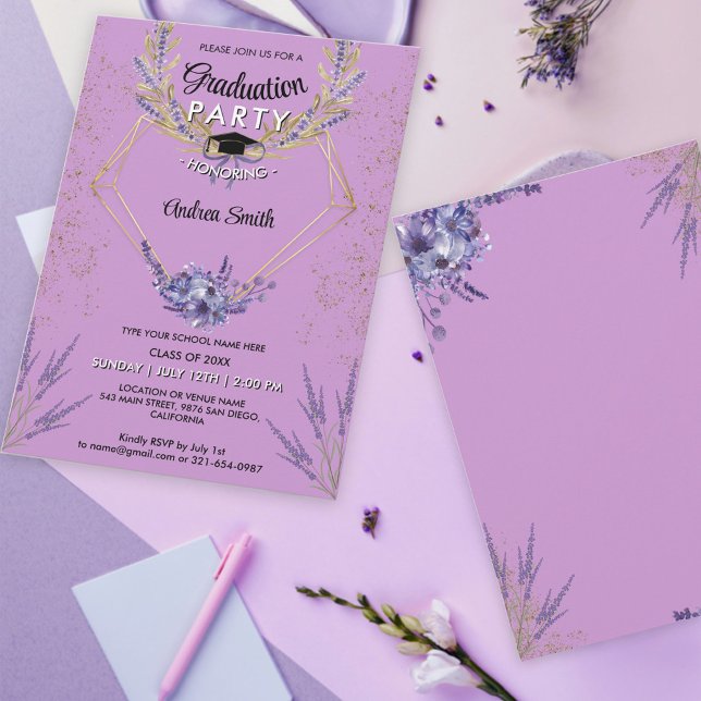 Invitación Partido de Graduación Purpurina Floral de Oro de L (Subido por el creador)