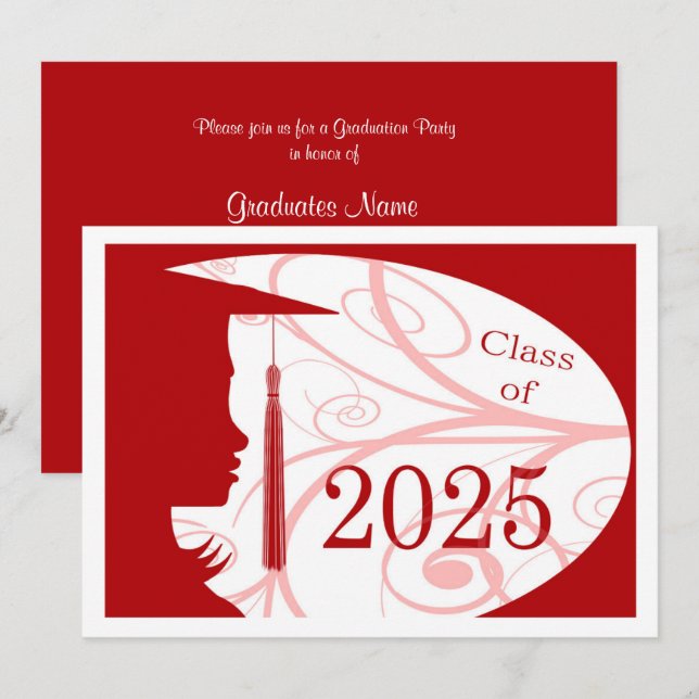 Invitación Partido de Graduación Red and White Silhouette 202 (Anverso / Reverso)
