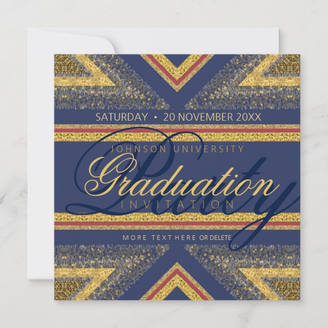 Invitación Partido de Graduación Red+Blue & Gold Shimmer invi (Anverso)