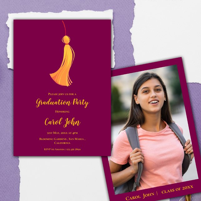 Invitación Partido de Graduación Red Gold Tassel Cute Photo 2 (Red Gold Tassel Cute Photo 2025 Graduation Party Invitation)