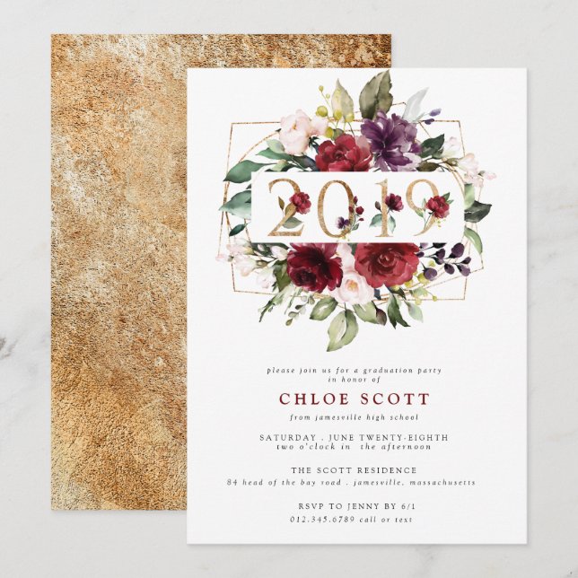 Invitación Partido de Graduación Red Purple Gold Floral 2019 (Anverso / Reverso)