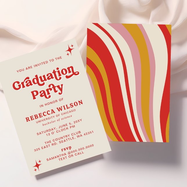 Invitación Partido de Graduación Retro Groovy de Marfil Red 7 (Retro Groovy Ivory Red 70s Graduation Party Invitation)