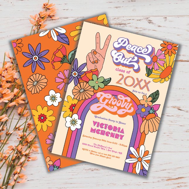 Invitación Partido de Graduación Retro Hippie Peace Out (Subido por el creador)