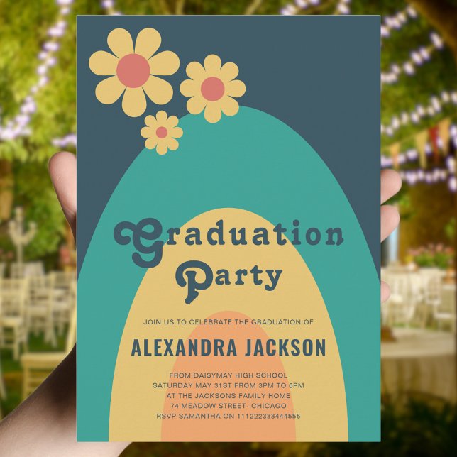 Invitación Partido de Graduación Retro Vintage (Retro vintage daisy arch high school graduation party invitation )