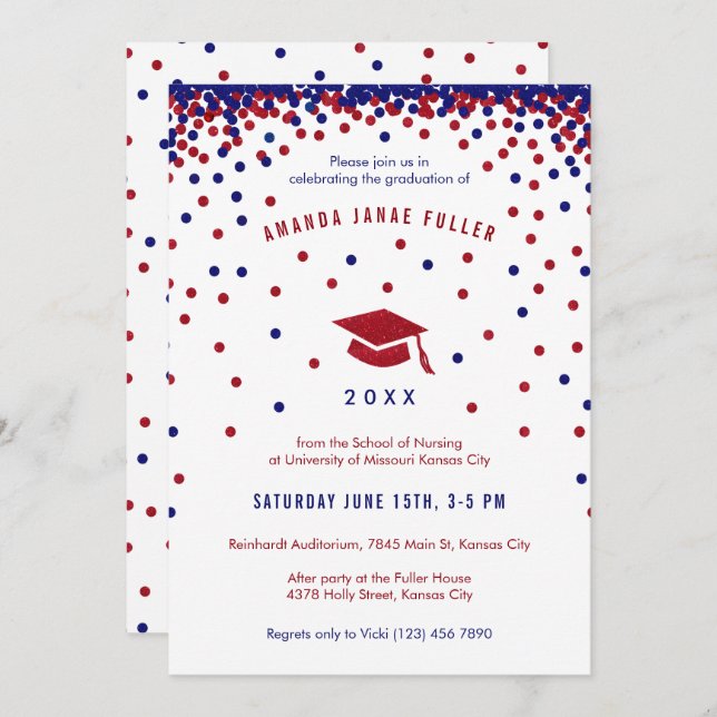 Invitación Partido de Graduación Roja, Blanca y Azul (Anverso / Reverso)