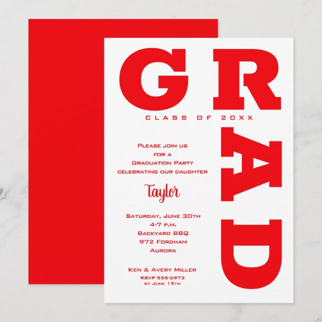 Invitación Partido de Graduación Roja y Blanca (Anverso / Reverso)