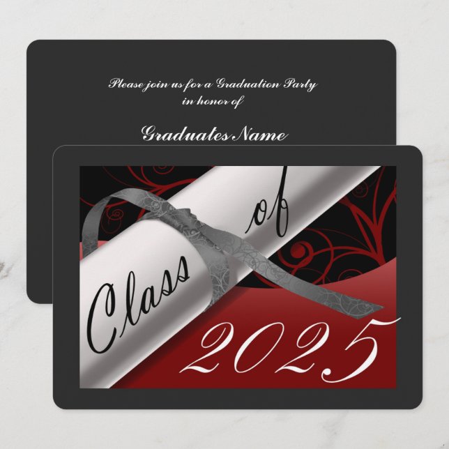Invitación Partido de Graduación Roja y Plata (Anverso / Reverso)