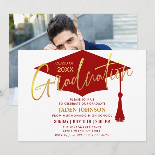 Invitación Partido de Graduación Rojo de Oro Moderno (Anverso / Reverso)