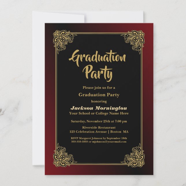 Invitación Partido de Graduación Rojo Negro con Marco Dorado (Anverso)