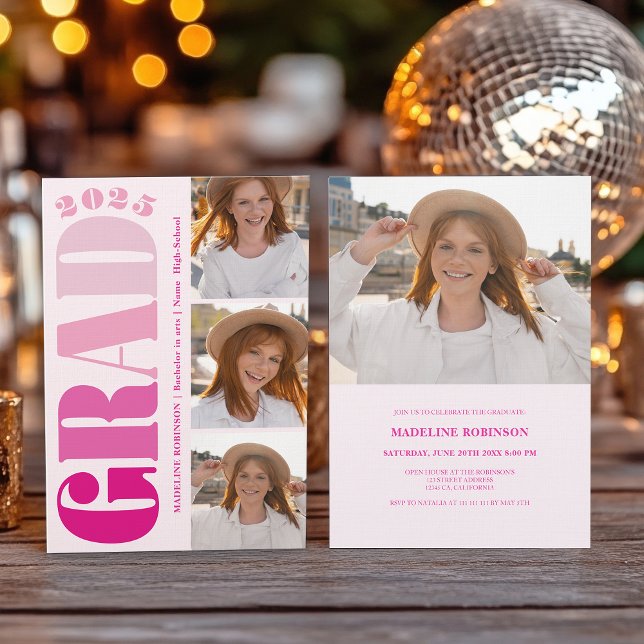 Invitación Partido de Graduación Rosa 2025 Retro Bold 4 Foto (Retro Bold Pink 2025 Graduation Party 4 Photo Invitation)