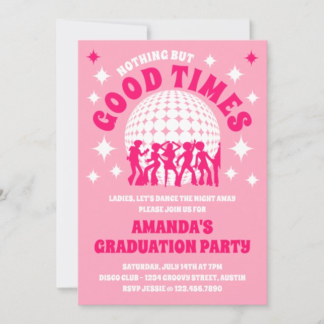 Invitación Partido de Graduación Rosa de Good Times Groovy (Anverso)