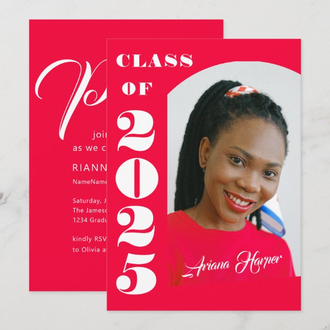 Invitación Partido de Graduación Rosa de Guión Blanco de Moda (Anverso / Reverso)