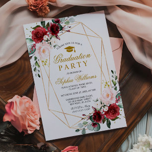 Invitación Partido de Graduación Rosa de Marsala Girly Floral