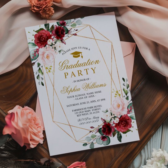 Invitación Partido de Graduación Rosa de Marsala Girly Floral (Subido por el creador)