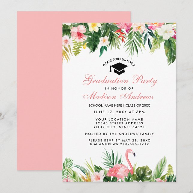 Invitación Partido de Graduación Rosa Floral Tropical (Anverso / Reverso)