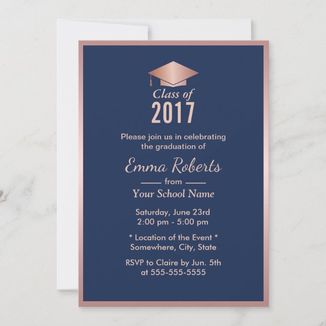 Invitación Partido de Graduación Rosa moderno oro y azul mari (Anverso)