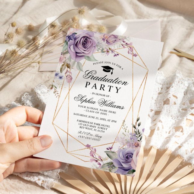 Invitación Partido de Graduación Rosa Morado y Rubor Girly Fl (Subido por el creador)