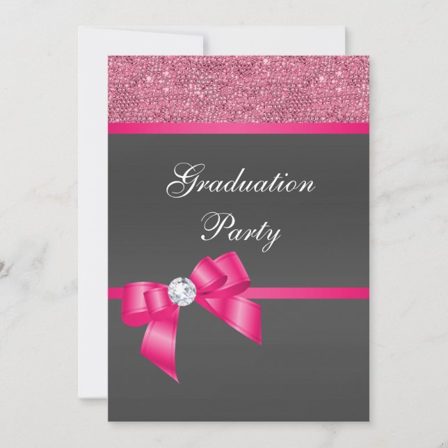 Invitación Partido de Graduación Rosa y Negro Caliente (Anverso)
