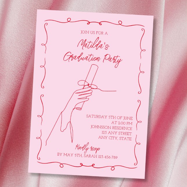 Invitación Partido de Graduación Rosa y Roja dibujado a mano (Hand Drawn Illustrated Pink & Red Graduation Party Invitation)