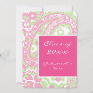 Invitación Partido de Graduación Rosa y Verde Paisley