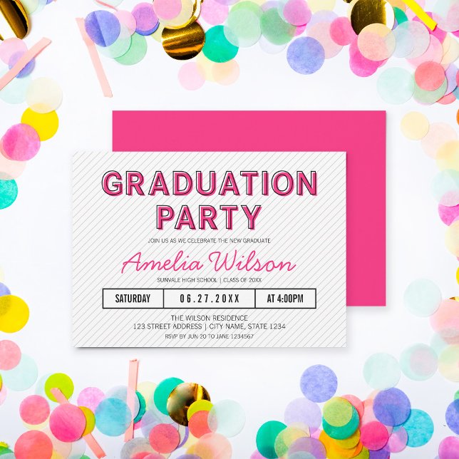 Invitación Partido de graduación rosada de franjas modernas (Subido por el creador)