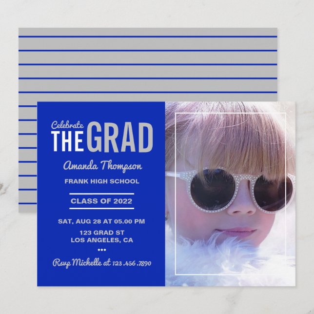 Invitación Partido de graduación Royal Blue and Silver (Anverso / Reverso)