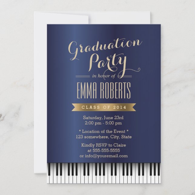 Invitación Partido de Graduación Royal Blue Piano Keys Music  (Anverso)