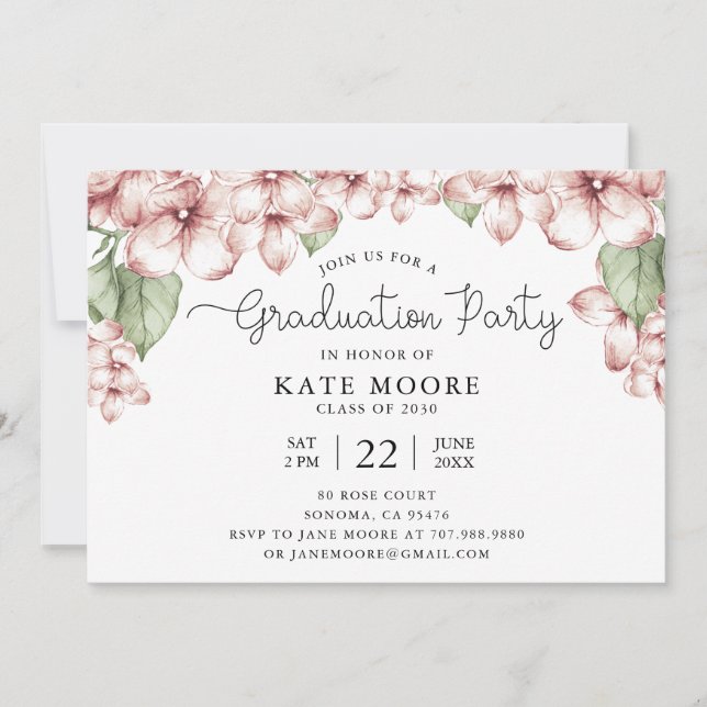Invitación Partido de Graduación Rubor Pink Floral Botánico (Anverso)