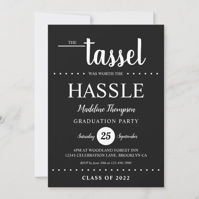 Invitación Partido de Graduación Rustic Black Tassel Script (Anverso)