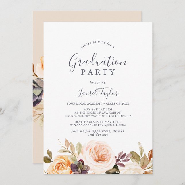 Invitación Partido de Graduación Rustic Earth Florals (Anverso / Reverso)
