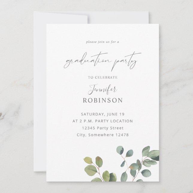 Invitación Partido de Graduación Rustic Eucalyptus Greenery D (Anverso)