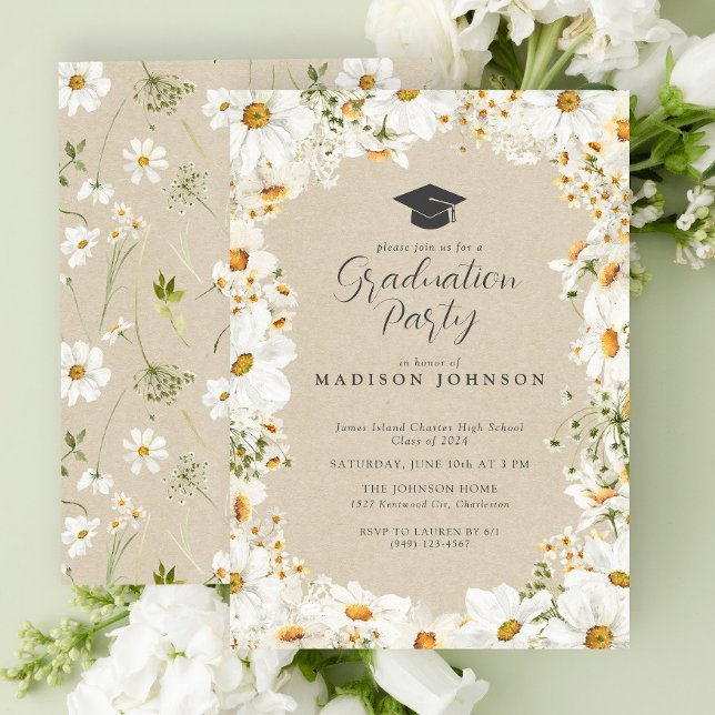 Invitación Partido de Graduación Rustic Floral Daisy Watercol (Graduation Party Invitation)