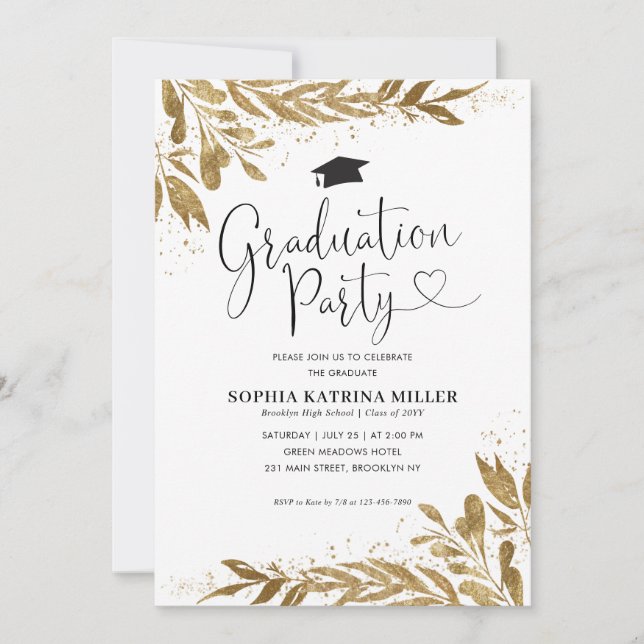 Invitación Partido de Graduación Rustic Modern Gold Floral Sp (Anverso)