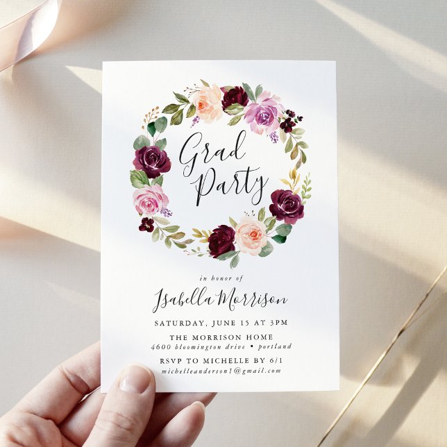 Invitación Partido de Graduación Rustic Moody Floral Wreath (Subido por el creador)