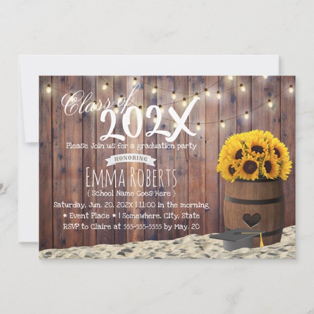 Invitación Partido de Graduación Rustic Sunflower & String Li (Anverso)