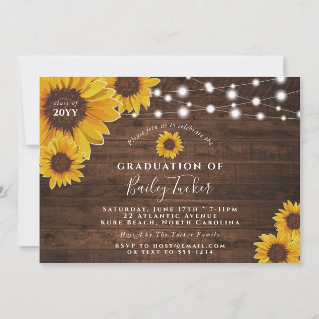 Invitación Partido de Graduación Rustic Sunflowers & Lights (Anverso)