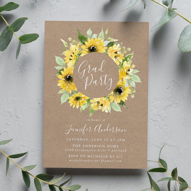Invitación Partido de Graduación Rustic Watercolor Sunflowers (Subido por el creador)